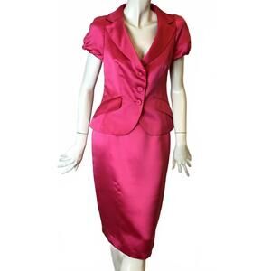 NEW CLIPS women's puff sleeve satin jacket and straight satin skirt in pink